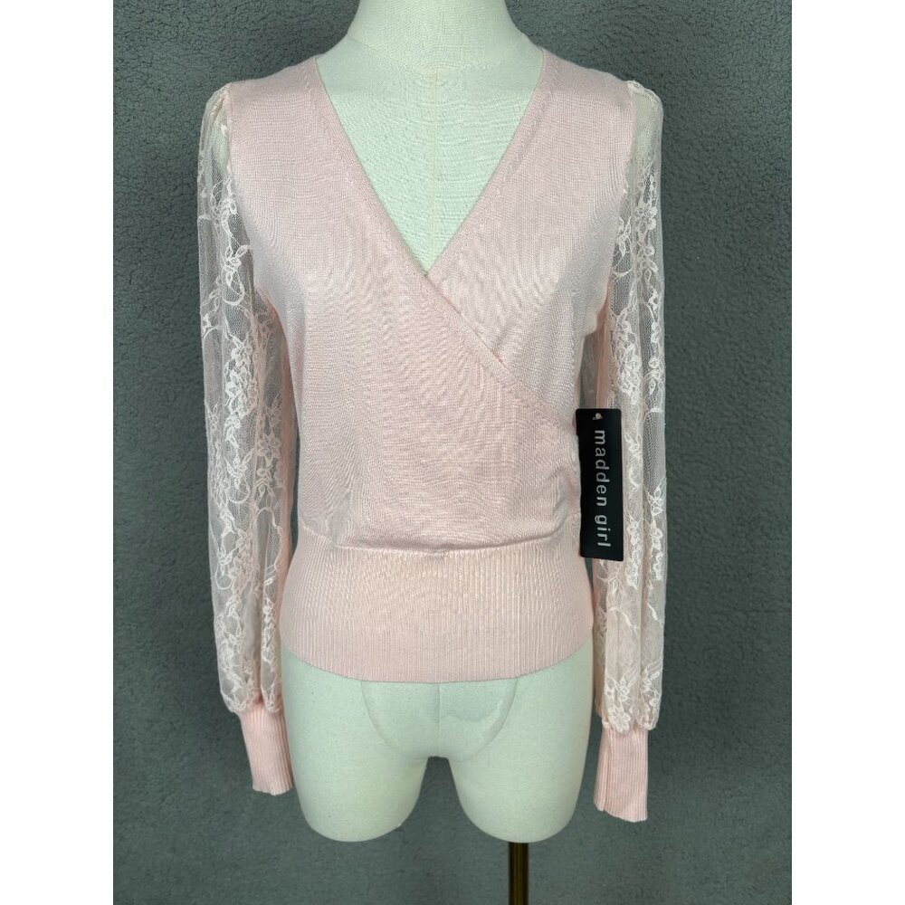 Madden Girl Juniors' Surplice-Neck Lace-Sleeve Sweater Pink Size Small NWT's